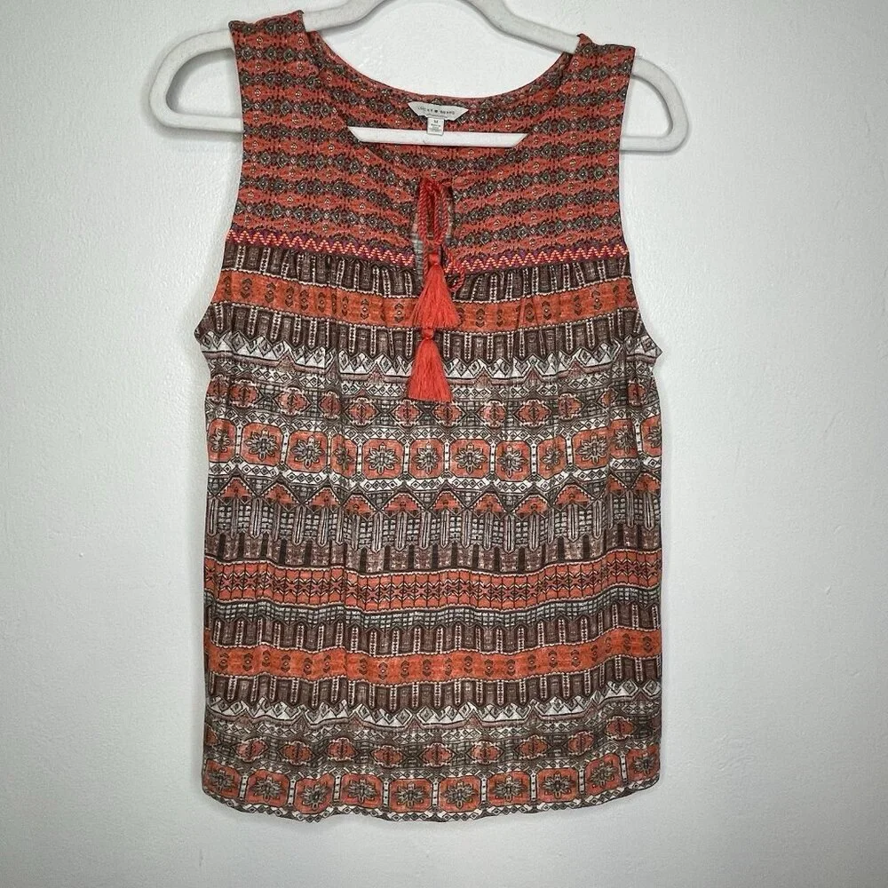 Lucky Brand Boho Top M Sleeveless V-Neck Cord Western Southwestern Tribal Orange - Picture 3 of 10